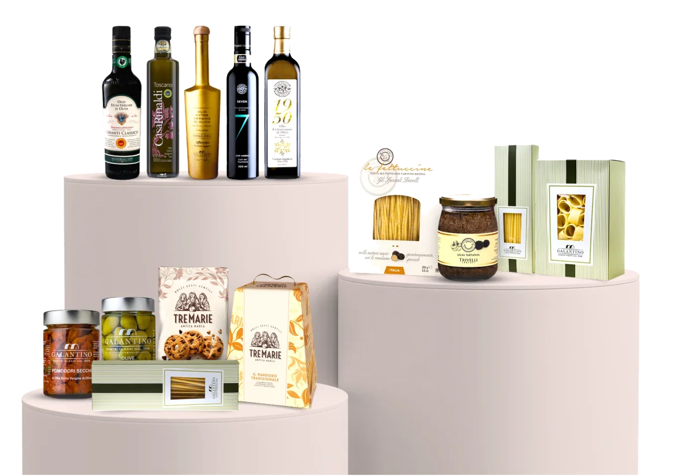 A selection of Guidicelli Food Group's imported Italian products — olive oils, truffle specialties, pasta and Tre Marie baked goods