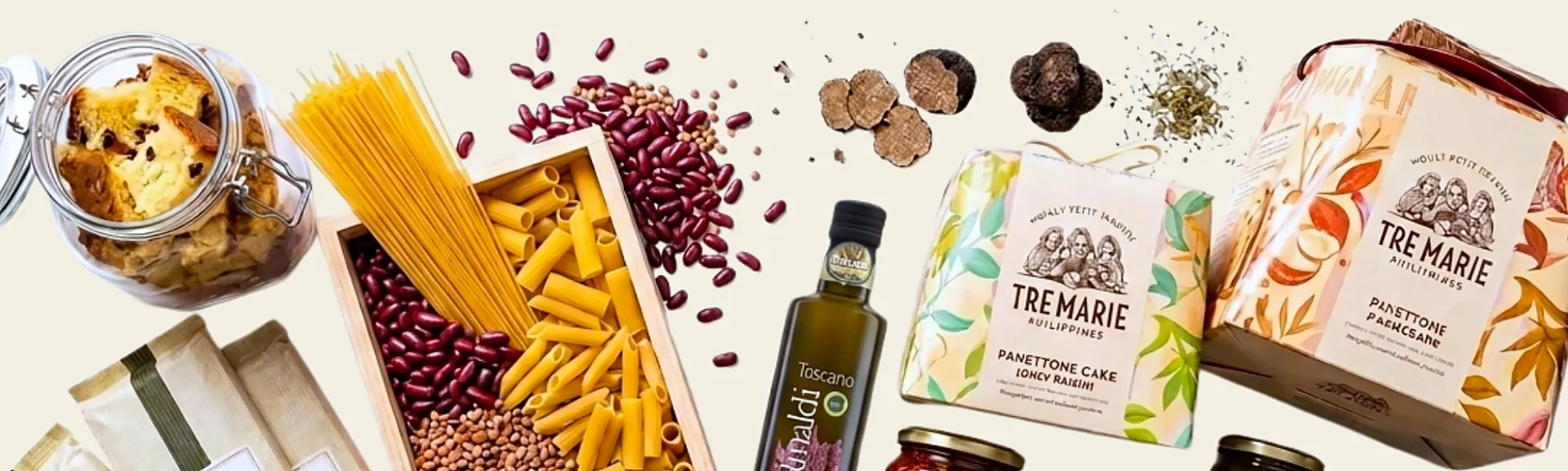 Premium Italian products — panettone, pasta, beans, truffles, olive oil and preserves